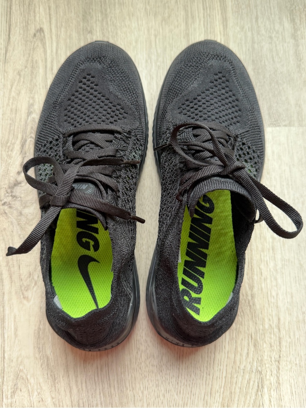 Nike - Women’s Black Knit Running Sneakers with Neon Green Insole - size 7.5